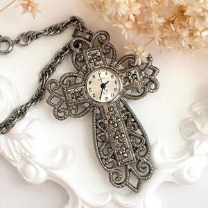 Marcasite Accented XL Cross Shaped Vintage Pendant Clock necklace - WORKS!
